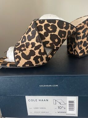 NWT Cole Haan Gabby Ocelot Haircalf Leopard Block Heel Sandals - Tan/Black
